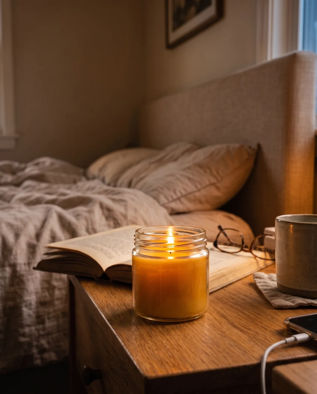 The same image after the edit “Warmer light, like a cosy evening”: the same room and candle in warm evening light