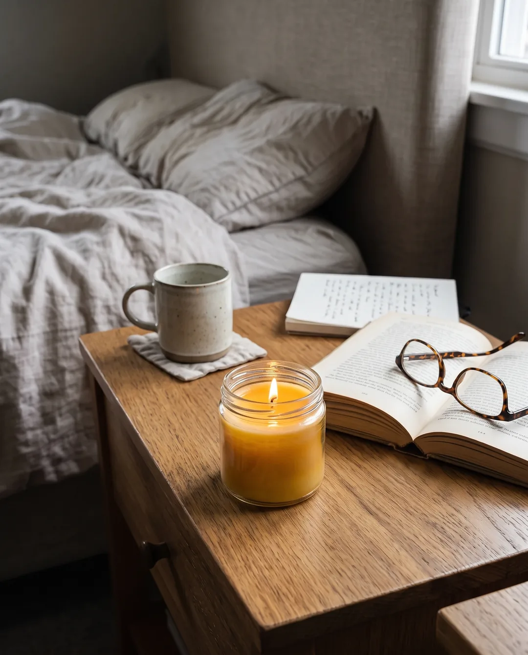 More like this: the same bedroom and nightstand from a new angle, with the book, glasses and mug moved around the candle