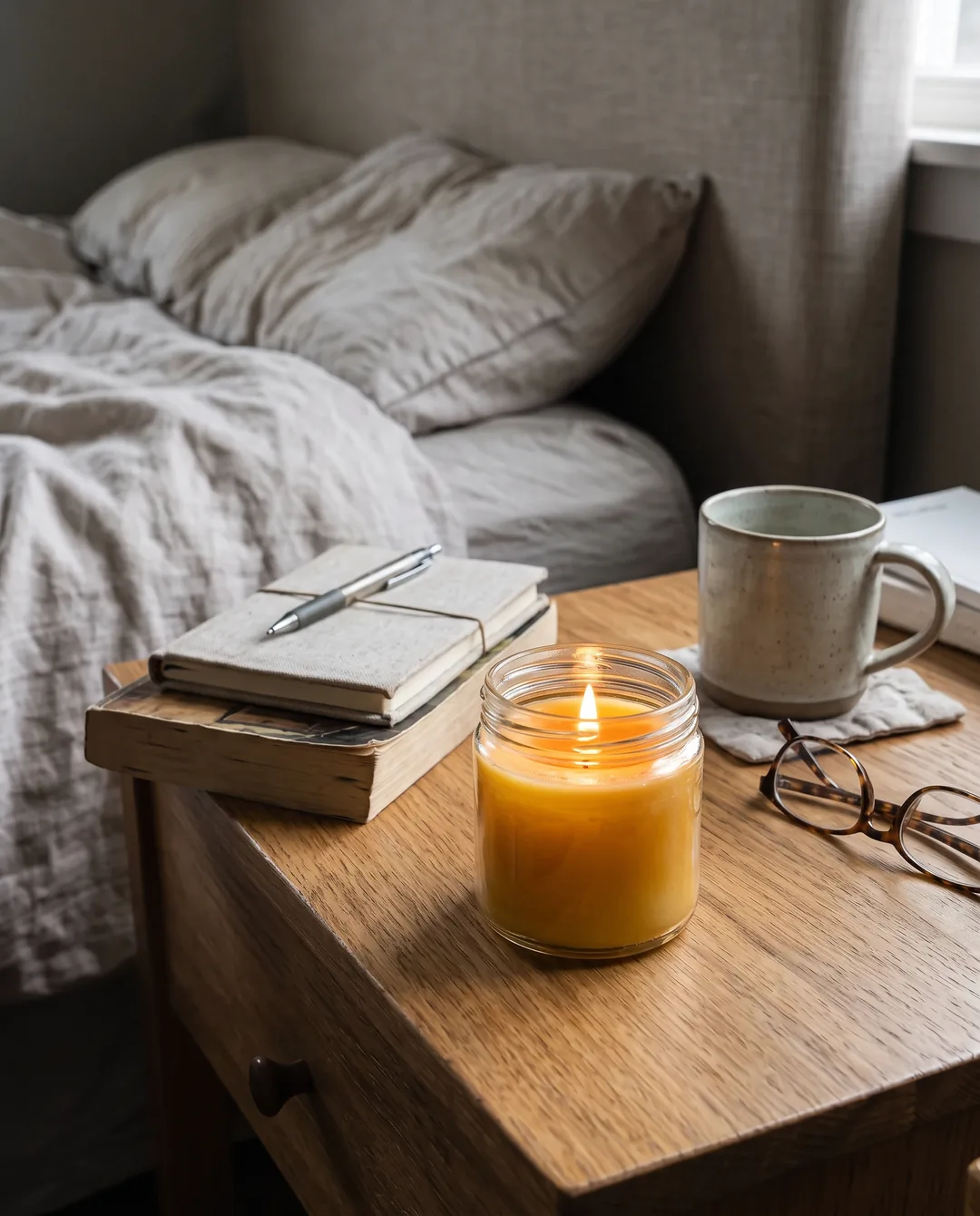 More like this: the candle on the nightstand from closer and from the side, beside a stack of books, a mug and glasses