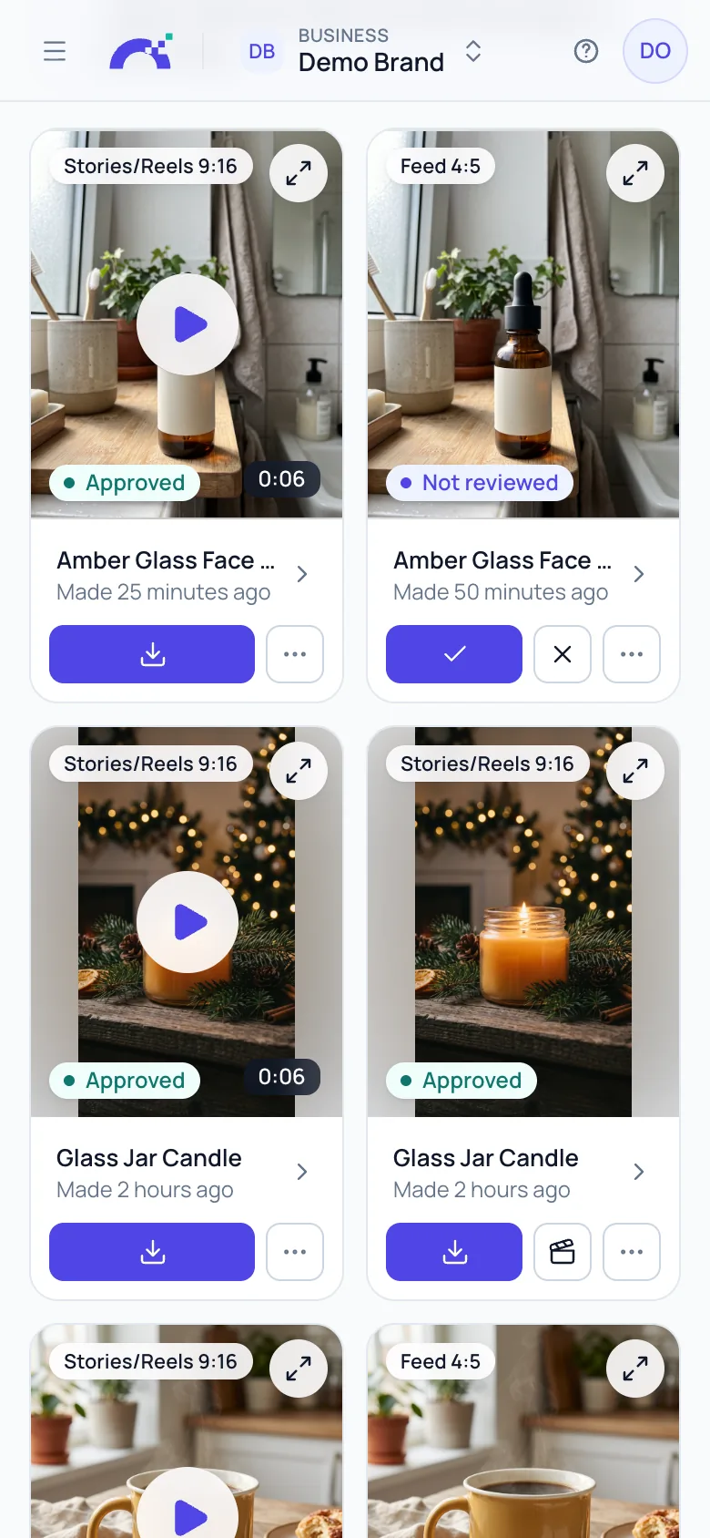 The AI Ad Creator on a phone: real AI images and videos, two per row