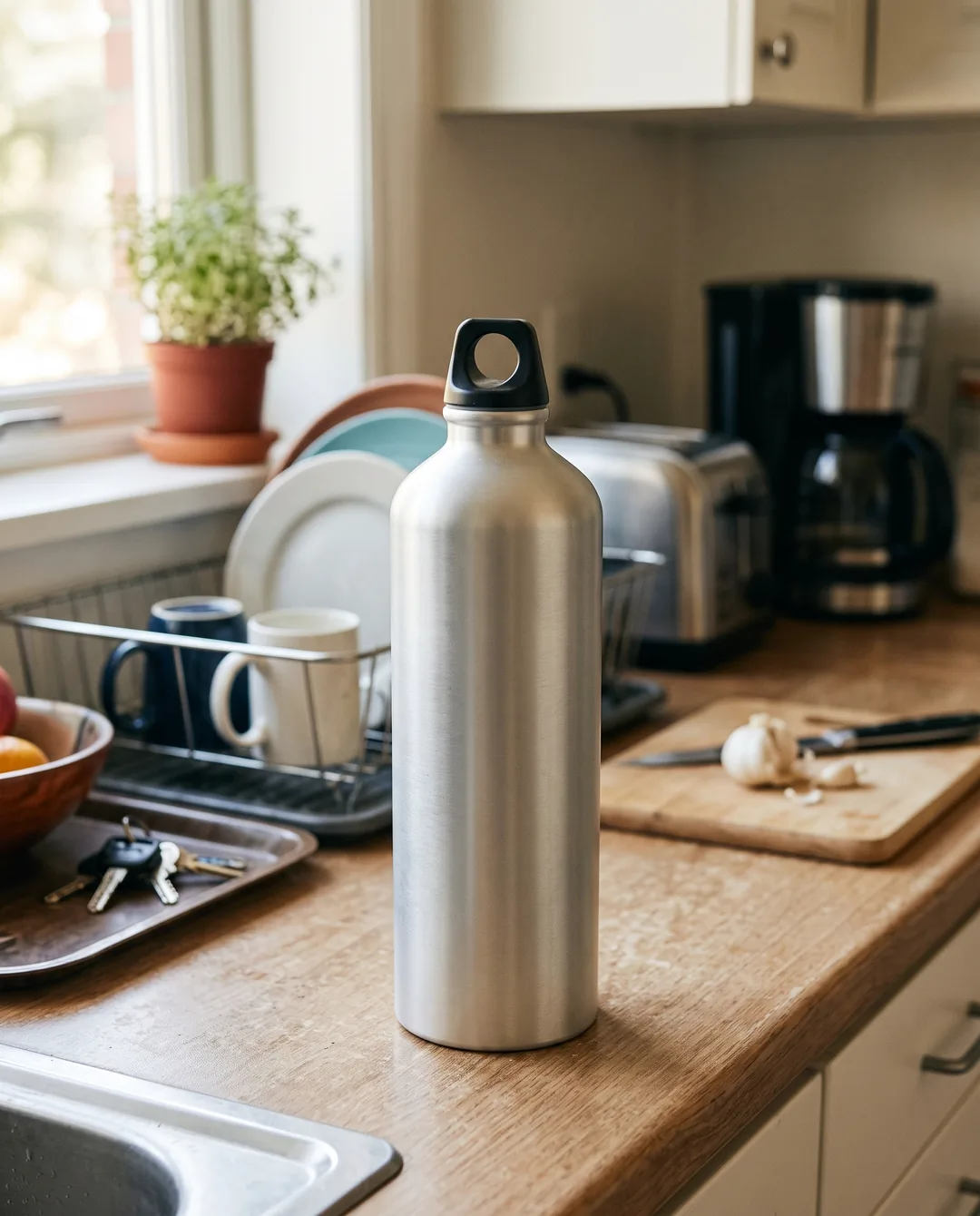 AI ad image of the aluminium water bottle, UGC look, Feed 4:5