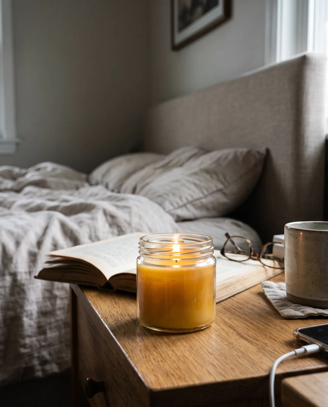 AI ad image of the glass jar candle, UGC look, Feed 4:5
