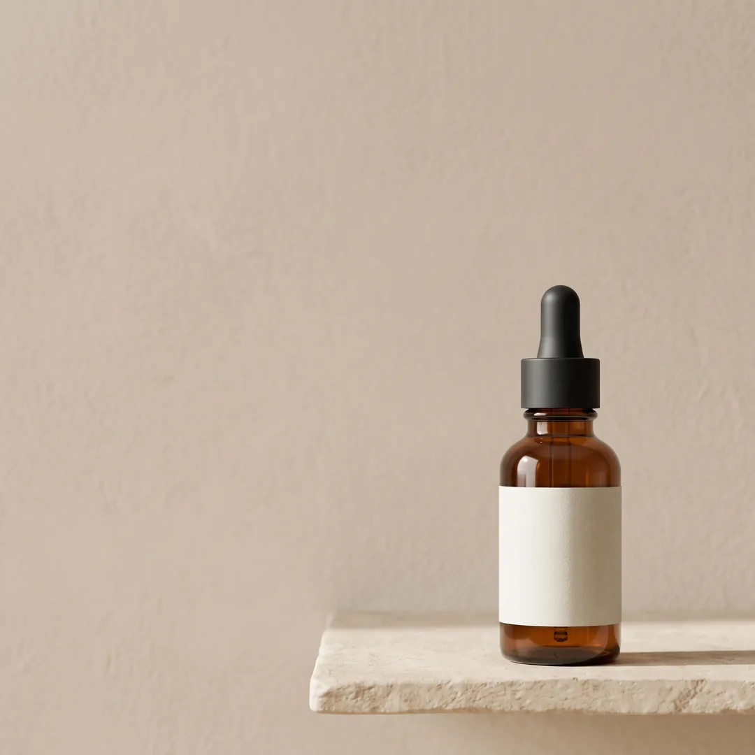 AI ad image of the amber glass face serum, Minimal, Square 1:1