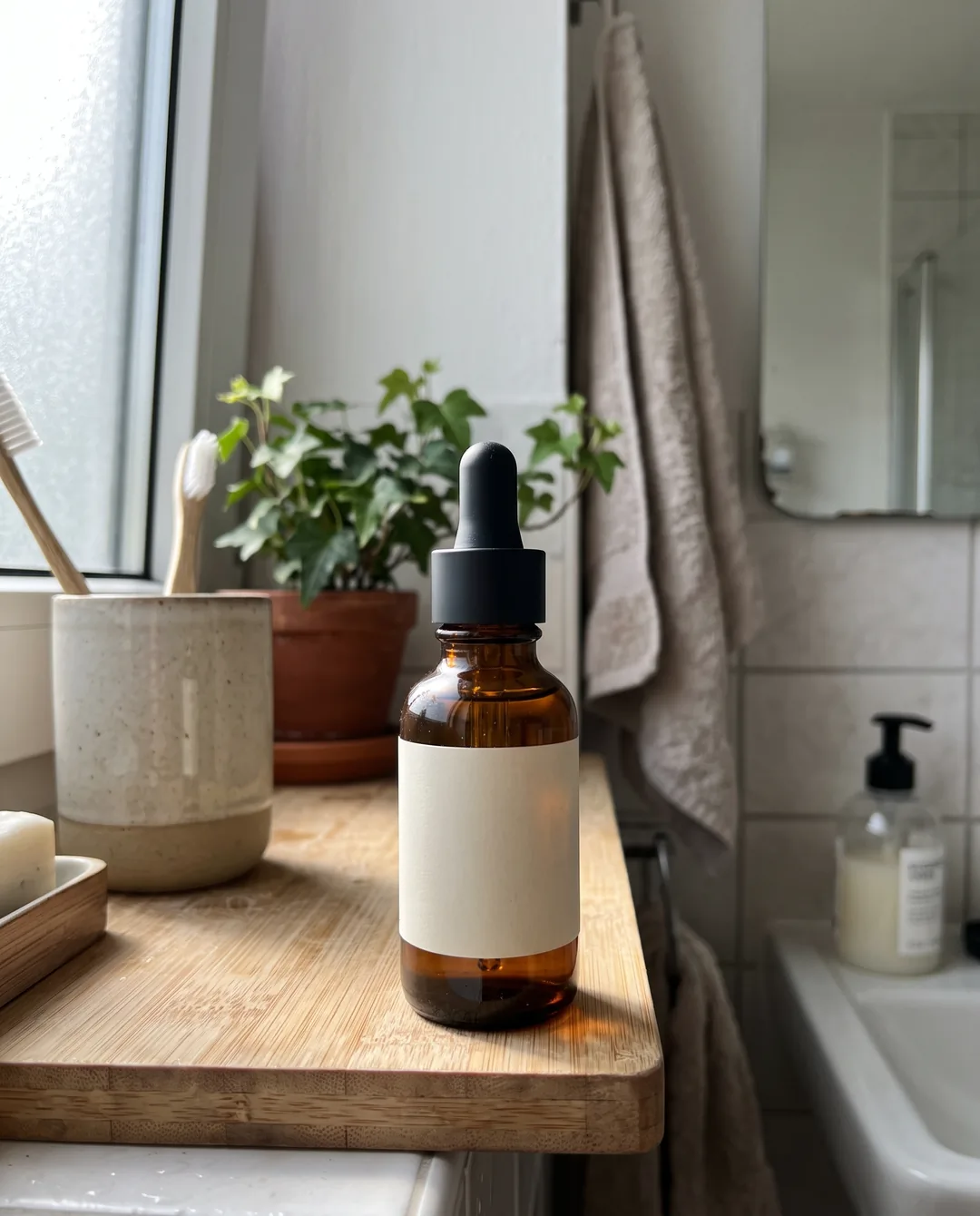 AI ad image of the amber glass face serum, UGC look, Feed 4:5